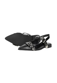 Zwarte leren slingback schoenen met spitse neuzen, zilveren gespaccenten en platte rubberen zolen. Voorzien van verstelbare banden voor een goede pasvorm.