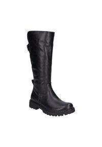 Bota negra de cuero hasta la rodilla con un acabado suave, punta redondeada, suela de goma gruesa y detalle de correa ajustable en el lateral.