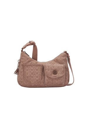 Quilted brown fabric shoulder bag with two front pockets, one with a button closure, adjustable strap, and tassel detail.