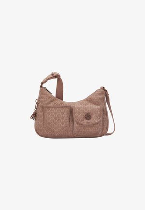 Gepolsterte braune Stoff-Schultertasche mit zwei Fronttaschen, eine mit Knopfverschluss, verstellbarem Tragegurt und Quastendetail.