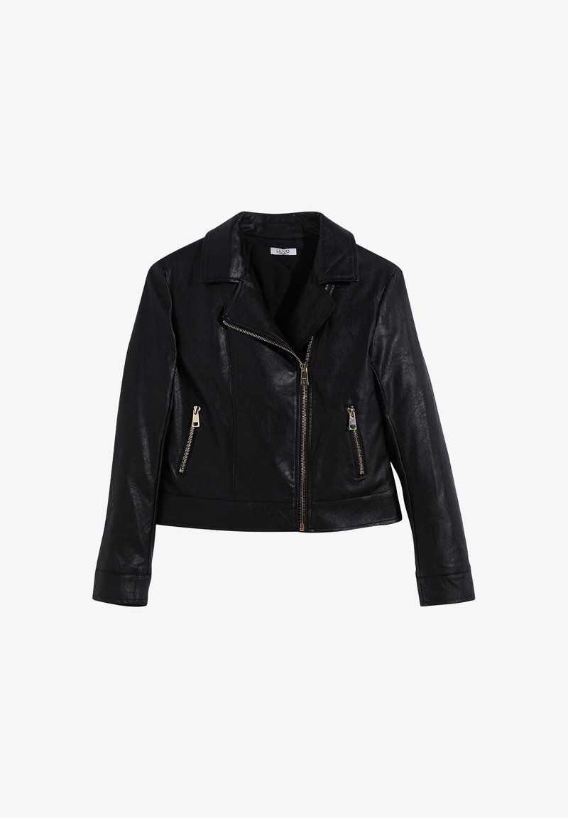 Černá kožená bunda s zkráceným designem, ohnutým límcem a dvěma bočními zipovými kapsami. Disponuje texturovaným povrchem a zlatými kovovými akcenty.