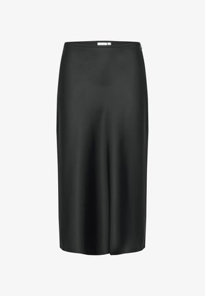 Fustă midi din satin negru, cu o textură netedă, siluetă dreaptă și o tăietură laterală subtilă. Prezintă o culoare uniformă, fără modele vizibile.
