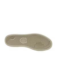 Suela de zapato de goma, color crema, presenta un patrón de espiga con un logo central. Textura suave con un tacón redondeado y bordes definidos.