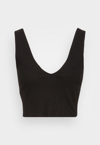 Schwarzes, geripptes Crop-Top mit tiefem V-Ausschnitt und breiten Trägern. Der Stoff ist weich und dehnbar, was den Komfort und die Passform verbessert.