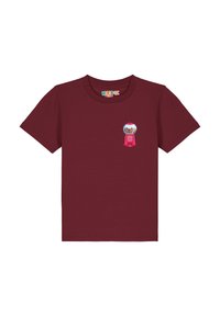 Bordeaux katoenen T-shirt met korte mouwen, met een gumballmachine-afbeelding op de linkerborst, ronde hals en een zachte textuur.