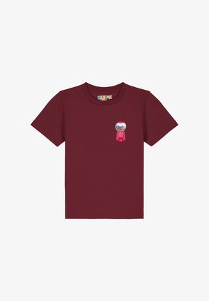 Bordeaux katoenen T-shirt met korte mouwen, met een gumballmachine-afbeelding op de linkerborst, ronde hals en een zachte textuur.