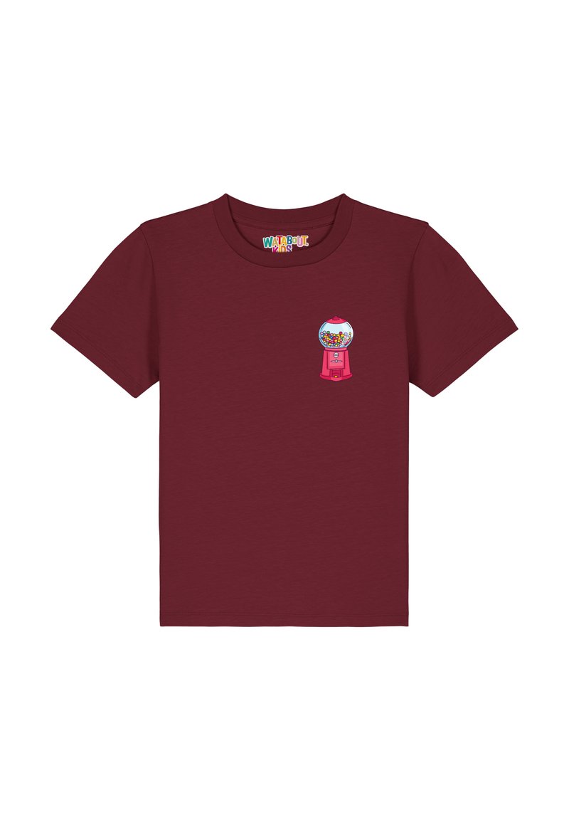 Bordeaux katoenen T-shirt met korte mouwen, met een gumballmachine-afbeelding op de linkerborst, ronde hals en een zachte textuur.