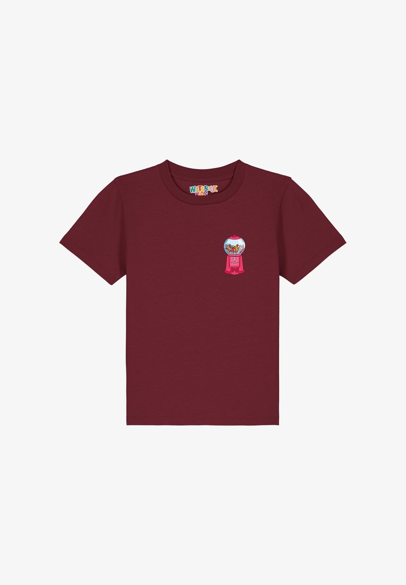 Bordeaux katoenen T-shirt met korte mouwen, met een gumballmachine-afbeelding op de linkerborst, ronde hals en een zachte textuur.