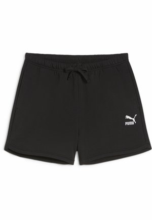 Pantalones cortos deportivos negros hechos de tejido suave, con una cintura elástica y cordón ajustable, y un logo de Puma en blanco en la parte inferior izquierda.