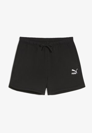 Pantalones cortos deportivos negros hechos de tejido suave, con una cintura elástica y cordón ajustable, y un logo de Puma en blanco en la parte inferior izquierda.