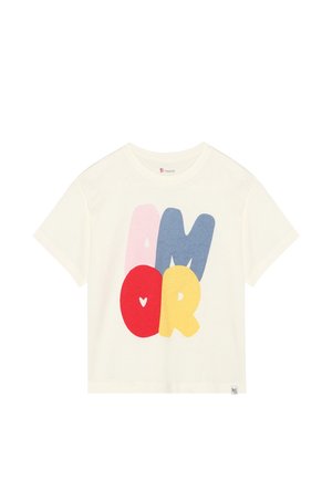 Cream-colored cotton t-shirt featuring a bold, playful graphic with the word "AMOR" in red, yellow, pink, and blue letters. Short sleeves.
