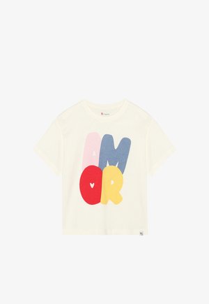 Cream-colored cotton t-shirt featuring a bold, playful graphic with the word "AMOR" in red, yellow, pink, and blue letters. Short sleeves.