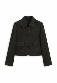 Czarna, ciemnoszara kurtka w krótkim fasonie, wykonana z teksturowanej tkaniny, z kołnierzykiem z wycięciem, z zapięciem na guziki oraz dwoma przednimi kieszeniami.