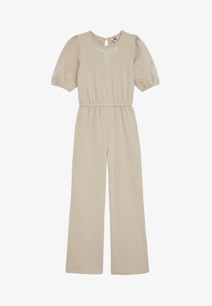 Tuta beige con trama testurizzata, maniche corte a sbuffo, ricamo geometrico bianco su petto e maniche, vita elasticizzata e pantaloni a gamba larga.