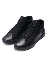 Pair of black leather mid-top sneakers with laces and side zipper, textured finish, and cushioned collar, on white background.