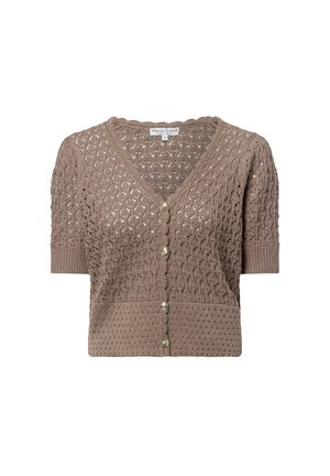 Kurzärmelige, hellbraune Strickjacke mit strukturiertem Muster, V-Ausschnitt und kleiner Knopfverschluss vorne.
