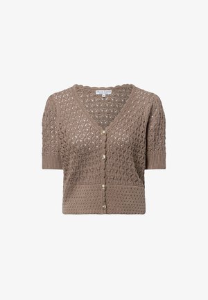 Kurzärmelige, hellbraune Strickjacke mit strukturiertem Muster, V-Ausschnitt und kleiner Knopfverschluss vorne.