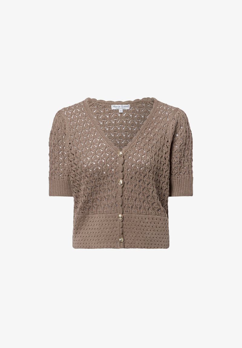 Kurzärmelige, hellbraune Strickjacke mit strukturiertem Muster, V-Ausschnitt und kleiner Knopfverschluss vorne.