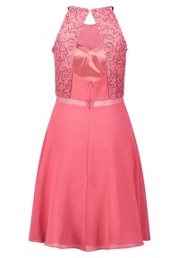 Robe rose avec un corsage en satin et un délicat superposé en dentelle au niveau du col halter. Jupe évasée avec une taille cintrée et fermeture éclair au dos.