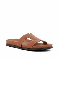 Brown slide sandals with crossed leather straps, rounded toe, padded footbed, and a flat rubber sole. Contrast stitching on the straps.