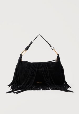 Black suede handbag with long fringe details, gold-tone hardware, single strap, and small gold brand logo on front pocket.