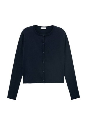 Navy blue cropped cardigan made of soft knit fabric, featuring long sleeves, a round neckline, and a front button closure.