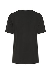 Zwarte kortelijn t-shirt van zacht katoen. Heeft een ronde halslijn en een losse pasvorm, zonder patronen of accenten.