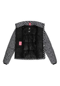 Padded jakna s vanjštinom u crno-bijelom houndstooth uzorku, zatvaranje na zip, i glatku crnu unutrašnjost s quilty dijelovima i oznakom logotipa.