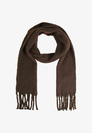 Brown wool scarf with soft texture, featuring fringed ends. It has an elongated, rectangular shape suitable for wrapping.