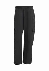 Czarne spodnie cargo z elastycznym pasem, posiadające boczne kieszenie, luźny krój i teksturowany materiał. Zaprojektowane z myślą o komforcie i funkcjonalności.