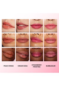 Lip swatches showcase four shades: a peachy nude, soft brown, vibrant pink, and pastel pink. Each swatch displays varying finishes and textures.