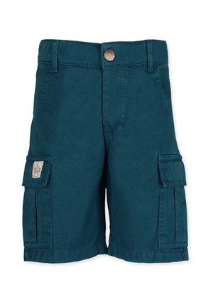Turkis lasteshorts med frontknap, bæltestropper, to sidelommer med klapper og et lille mærke på venstre lomme.