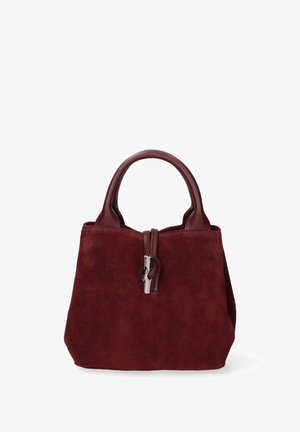 Borsa a tracolla in suede bordeaux con manici in pelle, forma rettangolare, chiusura con zip in metallo e texture liscia. Design compatto adatto per gli oggetti essenziali.