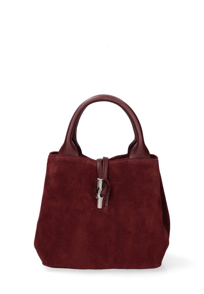 Borsa a tracolla in suede bordeaux con manici in pelle, forma rettangolare, chiusura con zip in metallo e texture liscia. Design compatto adatto per gli oggetti essenziali.