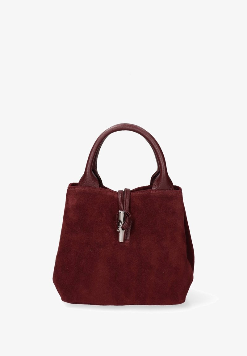 Borsa a tracolla in suede bordeaux con manici in pelle, forma rettangolare, chiusura con zip in metallo e texture liscia. Design compatto adatto per gli oggetti essenziali.