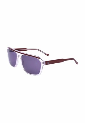 Occhiali da sole rettangolari con lenti tinta viola e montature trasparenti chiare combinate con aste rosso scuro e barra superiore coordinata.