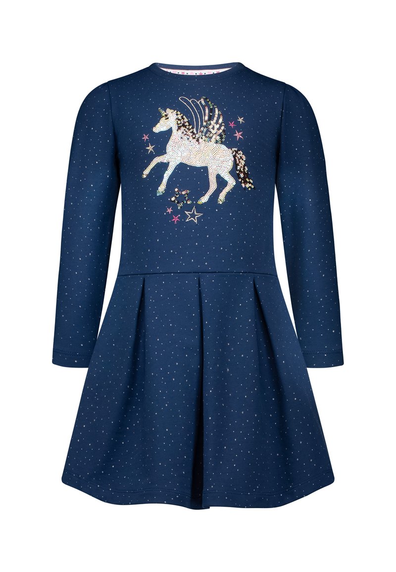 Marineblaues langärmeliges Kleid mit plissiertem Rock, verziert mit einem glitzernden Einhorn-Design und Sternen, aus strukturiertem Stoff gefertigt.