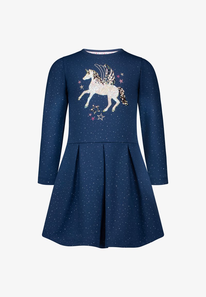Marineblaues langärmeliges Kleid mit plissiertem Rock, verziert mit einem glitzernden Einhorn-Design und Sternen, aus strukturiertem Stoff gefertigt.