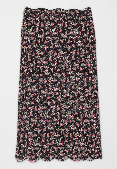 Virágmintás szoknya fekete háttérrel, piros és fehér virágokkal. Szegett szegély és könnyű anyag, textúrált mintázattal.