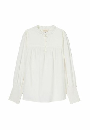 White long-sleeve shirt featuring a round neckline, button closure, pleats at the front, and smocked cuffs for added texture.