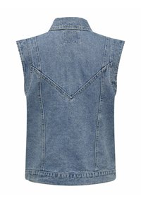 Džínová vesta, světle modrá barva, bezrukávový design, špičatý límec, švy na zádech vytvářejí tvar V, syrový lem, ležérní styl bez kapes.