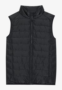 Black puffer vest with a high collar, horizontal stitching, front zipper, and two side pockets. Smooth, shiny texture and sleeveless design.