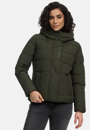 Dark green puffer jacket with a hood, featuring a zip closure, quilted design, and two front pockets. Text logo on the front panel.