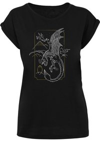 Black t-shirt with rolled sleeves featuring a white and gold dragon graphic, surrounded by mountains and circular accents. Soft fabric texture.