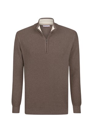 Brun zip-neck pullover lavet af tekstureret stof, med lange ærmer og en kontrasterende lysfarvet indre krave.