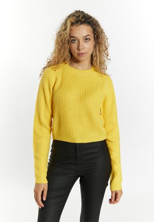 Helle gelbe, gerippte Strickjacke mit einem cropped Design und langen Ärmeln, kombiniert mit hoch taillierten schwarzen Hosen vor einem neutralen Hintergrund.