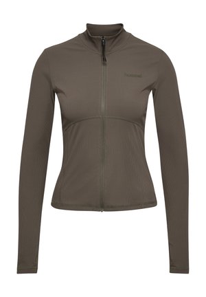 Damejakke med lange ærmer, tætsiddende i olivengrøn farve, lynlås foran og høj krave med subtil tekstur, der har tommelhul ved manchetterne.