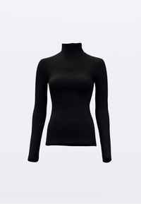 Fekete, hosszú ujjú garbó felső, rugalmas, sima anyagból készült, szűk szabású és minimalista kialakítású. Nincsenek minták vagy fémdíszítések.