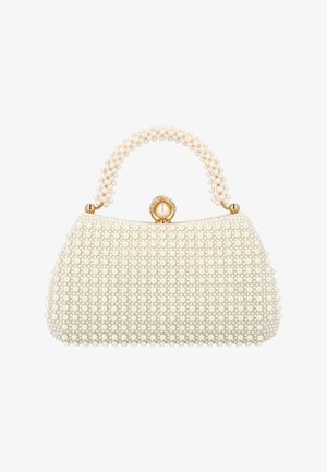 Hvid perlebesat clutch-taske med rundt top håndtag, der har en central guldlås og en tekstureret, perlebesat overflade.
