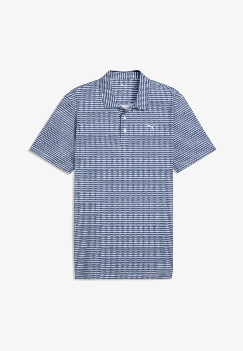 Polo à manches courtes rayé bleu et blanc avec deux boutons et un petit logo Puma sur le côté gauche de la poitrine.
